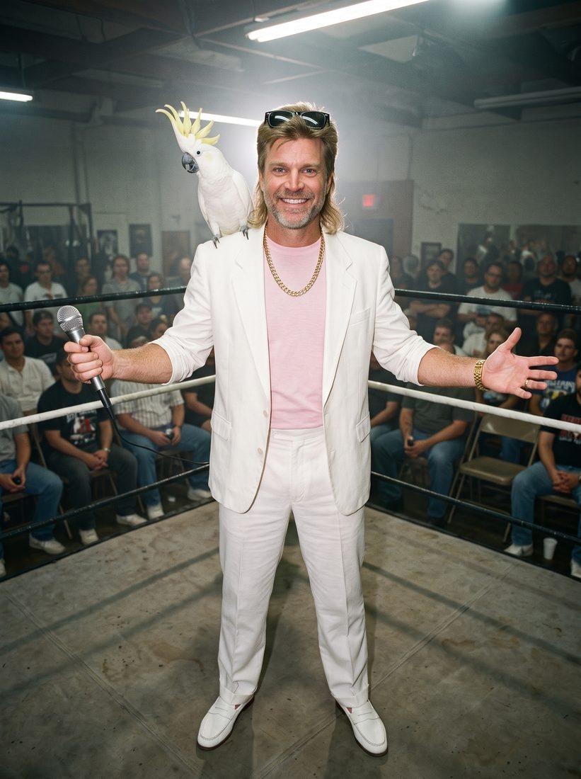 Commissioner Manny Mayhem in a white suit and pink shirt, holding a microphone in the ring, with Mr. Feathers the white cockatoo on his shoulder